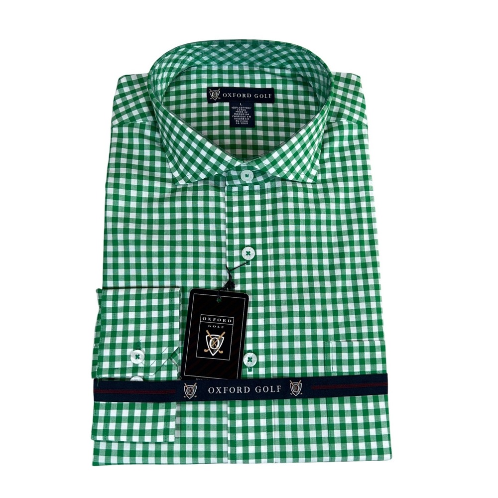 Oxford Golf Mens Large Green Gingham Check Long Sleeve Button Down Shirt New NWT